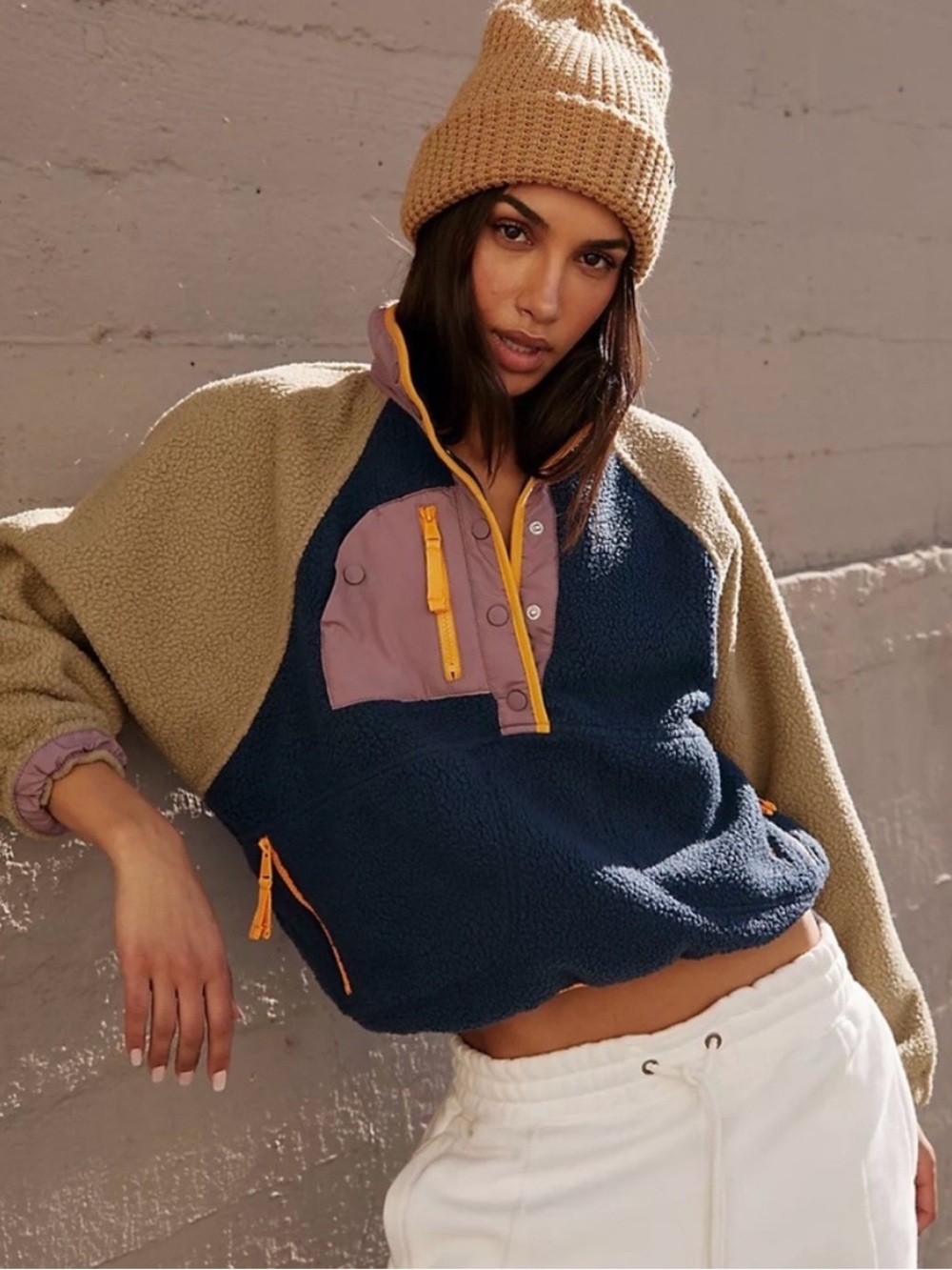 FP Movement by Free People Hit the Slopes Sherpa Pullover - Navy, Taupe & Mauve